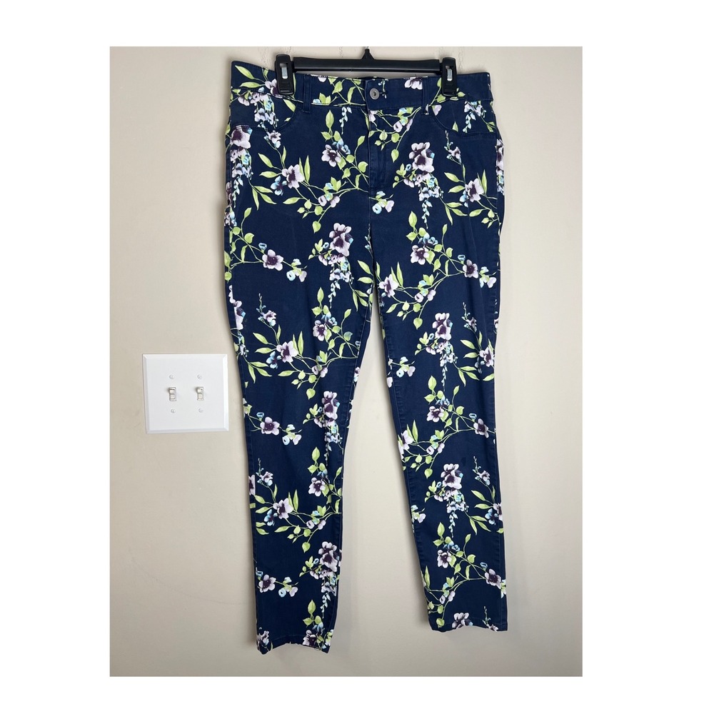Chicos Floral Skinny Pants Navy Blue Purple Botanical Print‎ Size 2 Regular